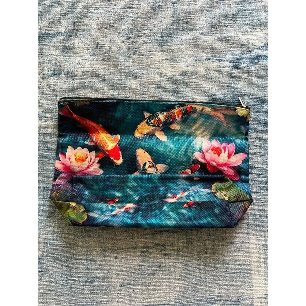 Japanese Koi Fish Flower Cotton Canvas Small Makeup Bag Travel Toiletry Pouch
